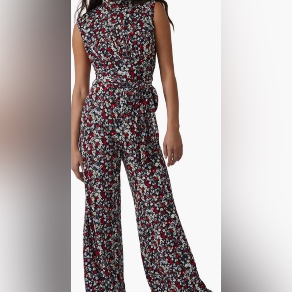 NWT Free People Vibe Check Floral Jumpsuit Black w/ Red & White Flowers Size S